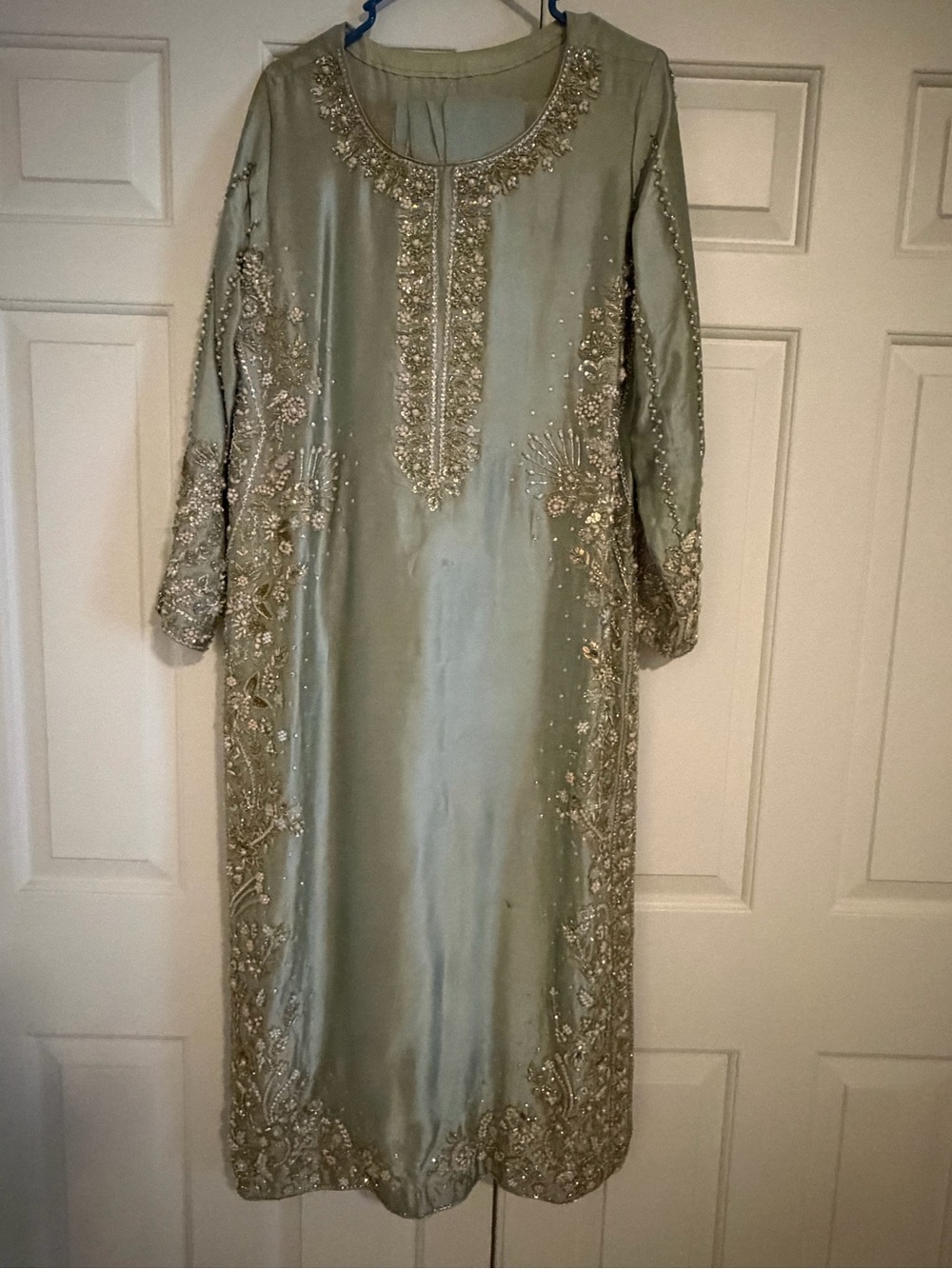 Embellished Long-Sleeve Evening Dress in Sage Green